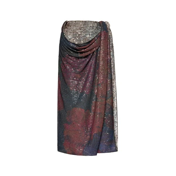 Printed Paillettes Draped Maxi Skirt in Mist