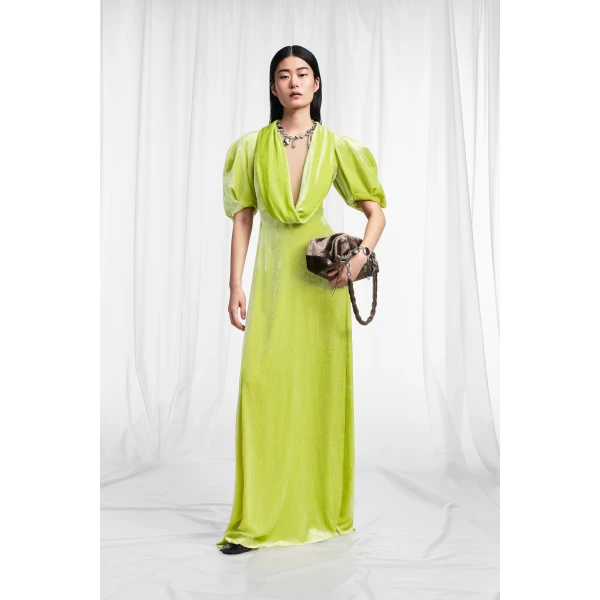 Maison Margiela Puff-Sleeve Velvet Cowl Maxi Dress in Lime Green | Maxi Dresses | Coveti