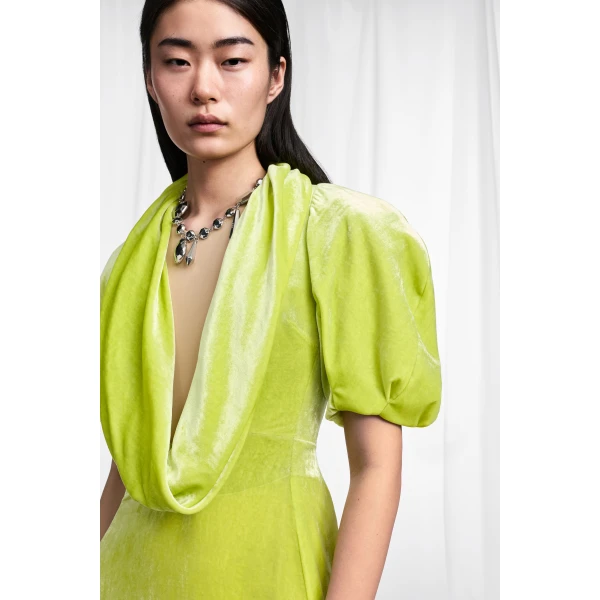 Maison Margiela Puff-Sleeve Velvet Cowl Maxi Dress in Lime Green | Maxi Dresses | Coveti