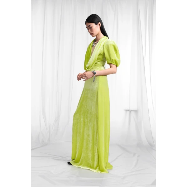 Maison Margiela Puff-Sleeve Velvet Cowl Maxi Dress in Lime Green | Maxi Dresses | Coveti
