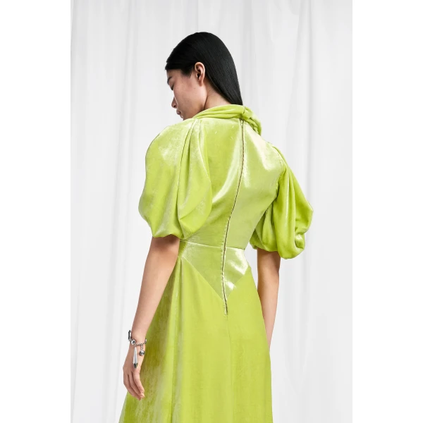 Maison Margiela Puff-Sleeve Velvet Cowl Maxi Dress in Lime Green | Maxi Dresses | Coveti