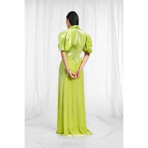 Maison Margiela Puff-Sleeve Velvet Cowl Maxi Dress in Lime Green | Maxi Dresses | Coveti
