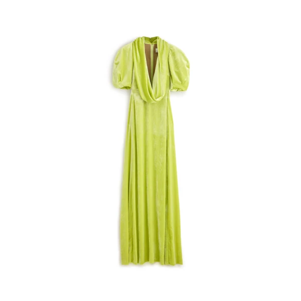 Puff-Sleeve Velvet Cowl Maxi Dress in Lime Green