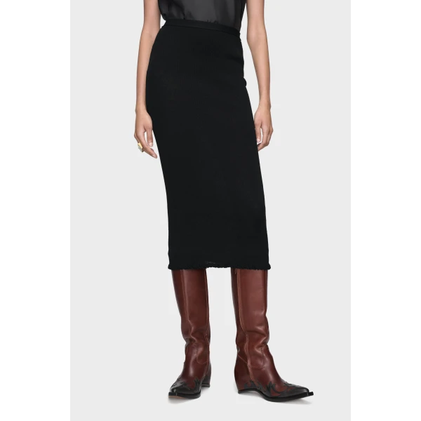 Maison Margiela Ribbed Wool Midi Skirt in Black | Midi Skirts | Coveti