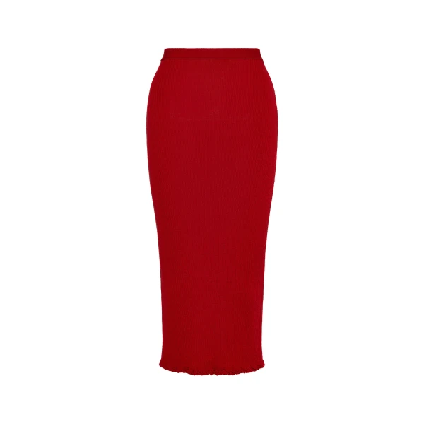 Ribbed Wool Midi Skirt in Red