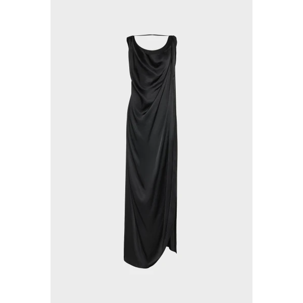 Maison Margiela Satin Draped Maxi Dress in Black | Maxi Dresses | Coveti