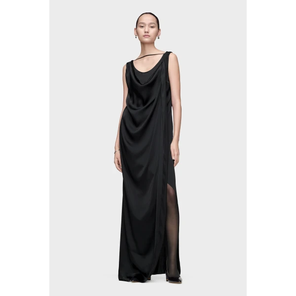 Maison Margiela Satin Draped Maxi Dress in Black | Maxi Dresses | Coveti