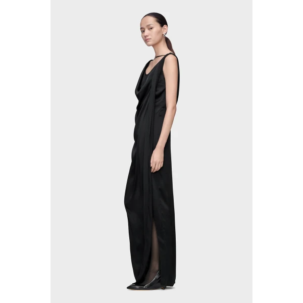 Maison Margiela Satin Draped Maxi Dress in Black | Maxi Dresses | Coveti