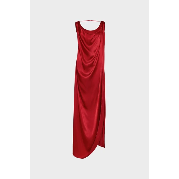 Maison Margiela Satin Draped Maxi Dress in Bordeaux | Maxi Dresses | Coveti