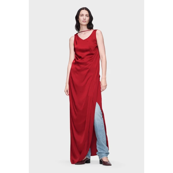 Maison Margiela Satin Draped Maxi Dress in Bordeaux | Maxi Dresses | Coveti