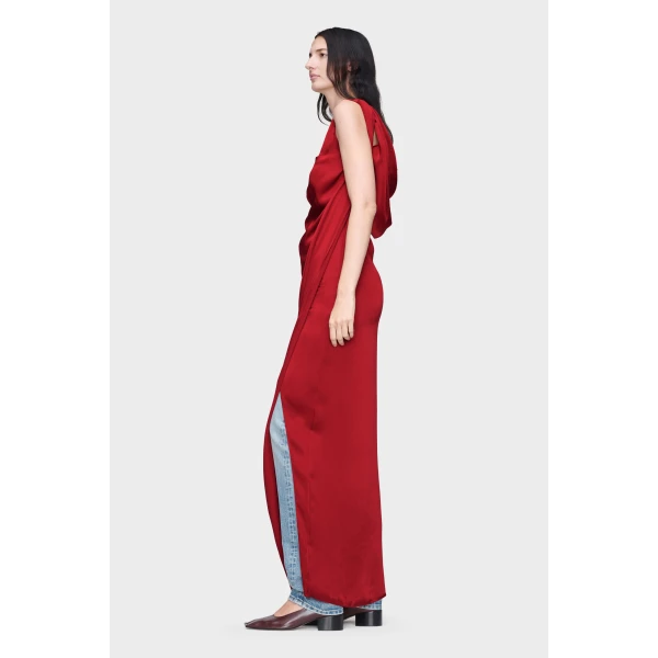 Maison Margiela Satin Draped Maxi Dress in Bordeaux | Maxi Dresses | Coveti