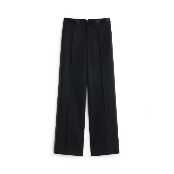 Satin-Waist Virgin Wool Tuxedo Trousers in Black
