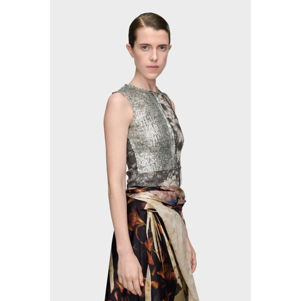 Maison Margiela Sequin Floral Top in Grey | Sleeveless | Coveti