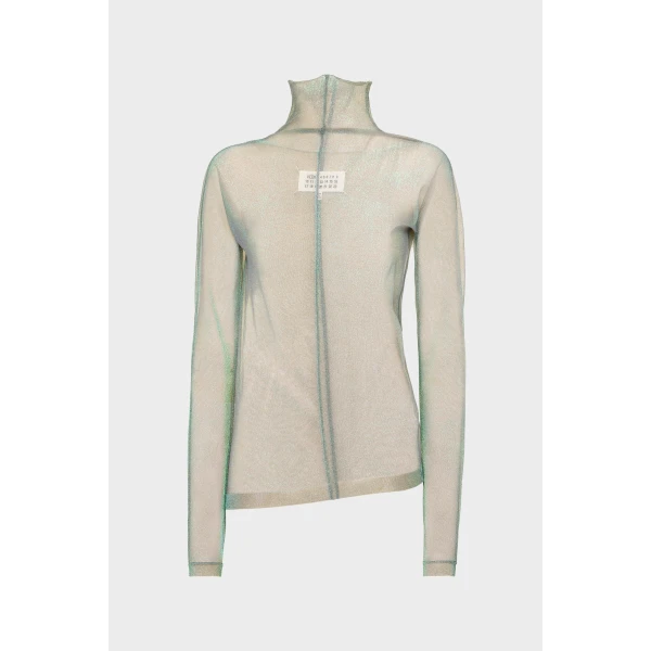 Maison Margiela Shimmer Knit Draped Longsleeve in Light Green | Sweaters | Coveti