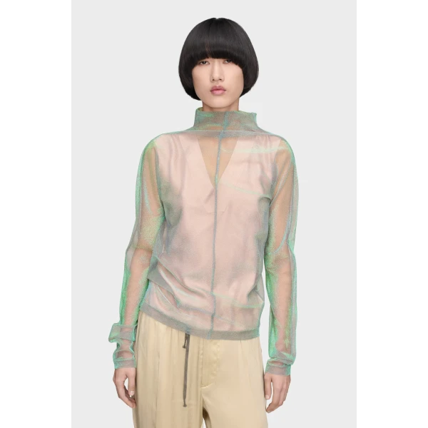 Maison Margiela Shimmer Knit Draped Longsleeve in Light Green | Sweaters | Coveti