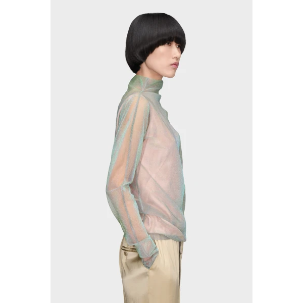 Maison Margiela Shimmer Knit Draped Longsleeve in Light Green | Sweaters | Coveti
