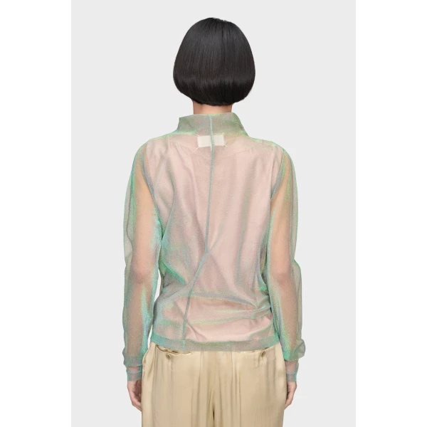 Maison Margiela Shimmer Knit Draped Longsleeve in Light Green | Sweaters | Coveti