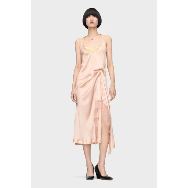 Maison Margiela Silk Lace Slip Midi Dress in Blush | Midi Dresses | Coveti