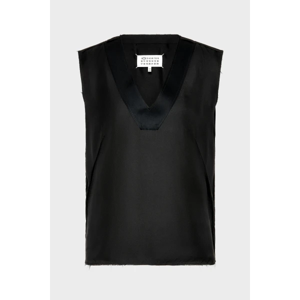 Maison Margiela Silk V-Neck Top in Black | Sleeveless | Coveti