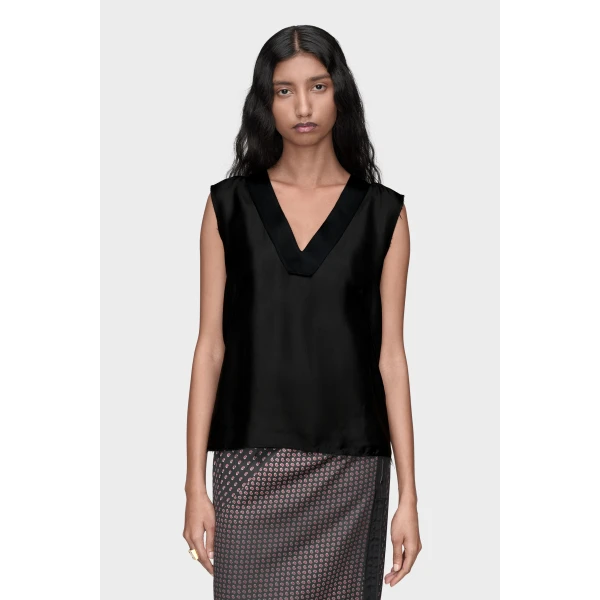 Maison Margiela Silk V-Neck Top in Black | Sleeveless | Coveti
