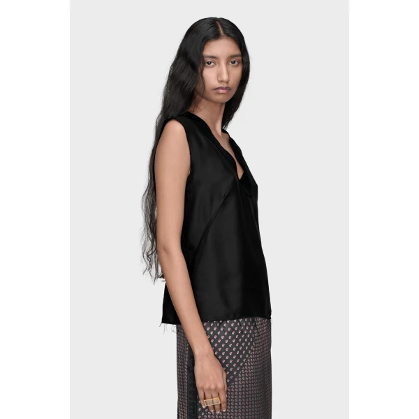 Maison Margiela Silk V-Neck Top in Black | Sleeveless | Coveti