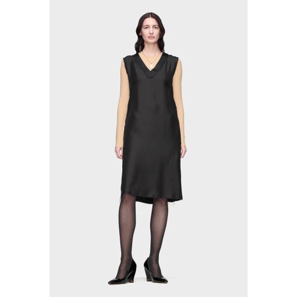 Maison Margiela Sleeveless Silk V-Neck Midi Dress in Black | Midi Dresses | Coveti