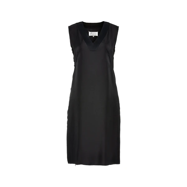 Maison Margiela Sleeveless Silk V-Neck Midi Dress in Black | Coveti