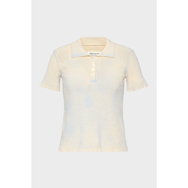 Maison Margiela Stamped Cotton Knit Polo in Pale Blue | Sweaters | Coveti