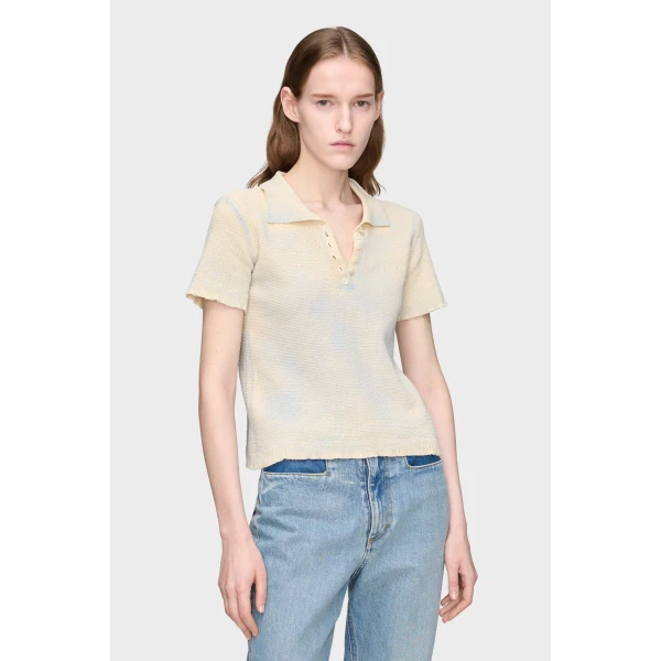 Maison Margiela Stamped Cotton Knit Polo in Pale Blue | Sweaters | Coveti
