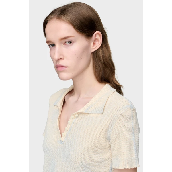 Maison Margiela Stamped Cotton Knit Polo in Pale Blue | Sweaters | Coveti