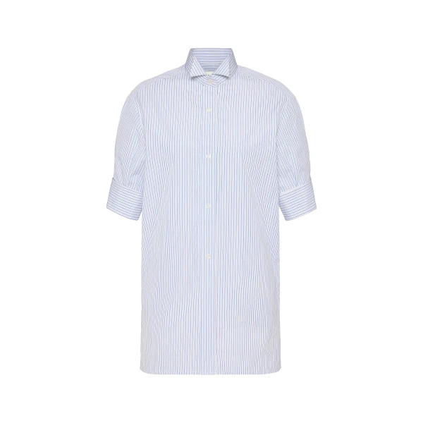 Striped Cotton Short-Sleeve Shirt in White and Light Blue