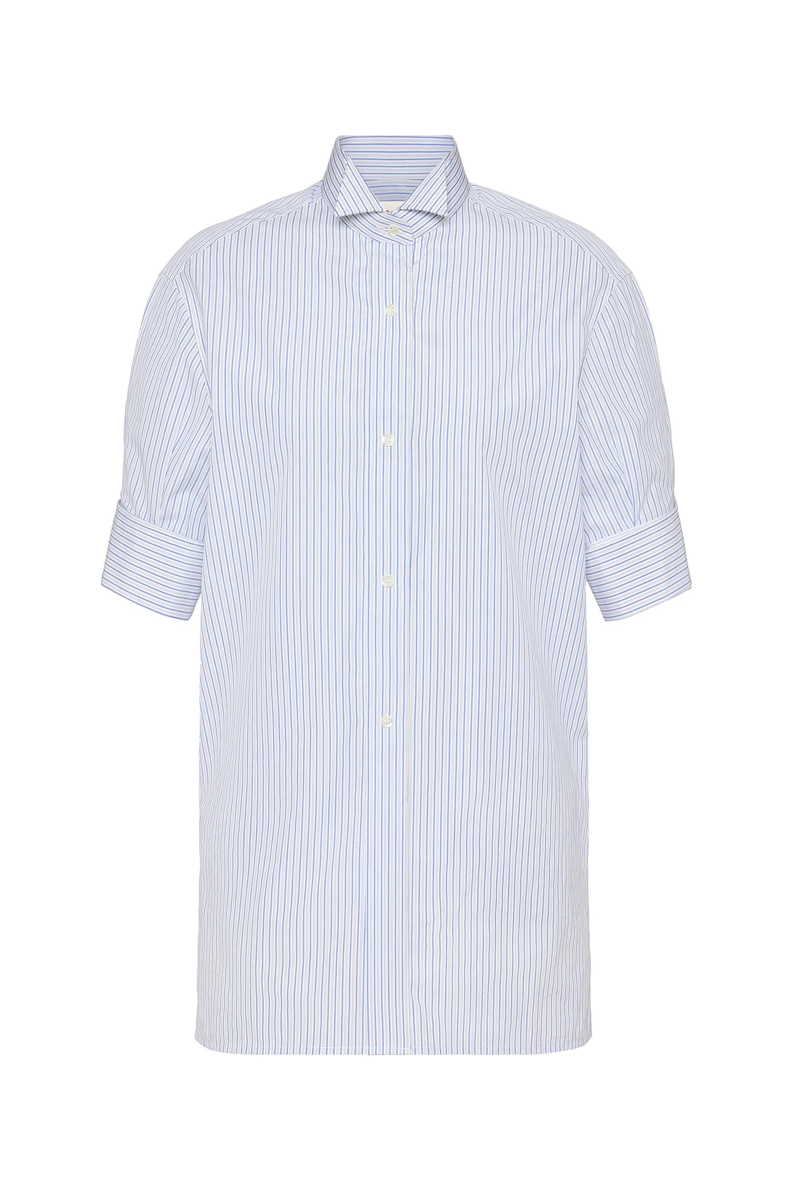 Maison Margiela Striped Cotton Short-Sleeve Shirt in White and Light Blue Maison Margiela Striped Cotton Short-Sleeve Shirt in White and Light Blue | Coveti