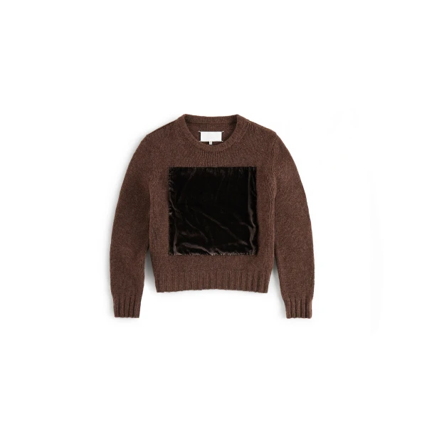 Velvet-Panel Wool Sweater in Brown