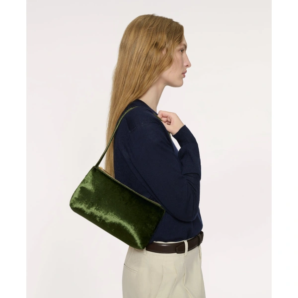 Mansur Gavriel Gaia Shoulder Bag in Olive Plush Velvet, view 2 | Shoulder & Crossbody Bags