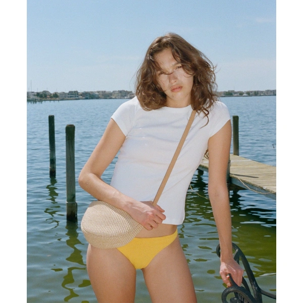 Mansur Gavriel Moon Sling in Ebony Raffia and Suede, view 5 | Crossbody Bags