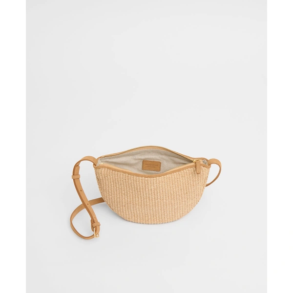 Mansur Gavriel Moon Sling in Natural Raffia and Budino Suede, view 3 | Crossbody Bags