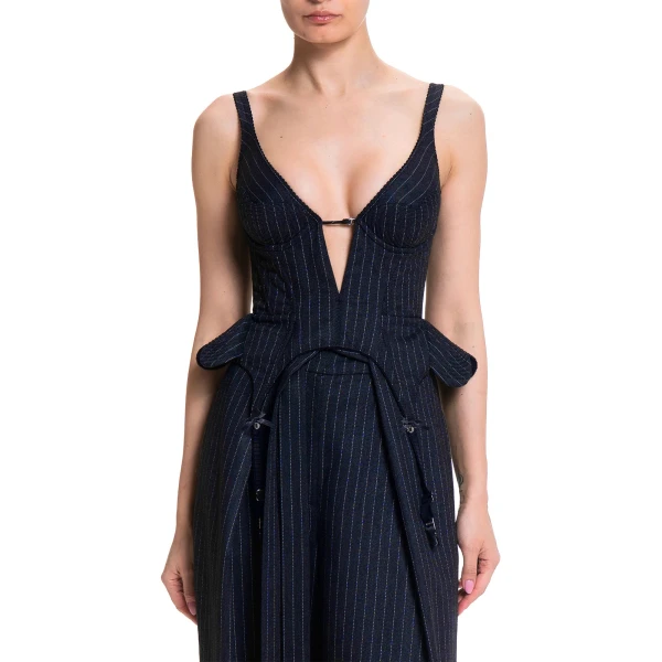 Maria Lucia Hohan Christa X Corset in Navy Pinstripe | Sleeveless | Coveti