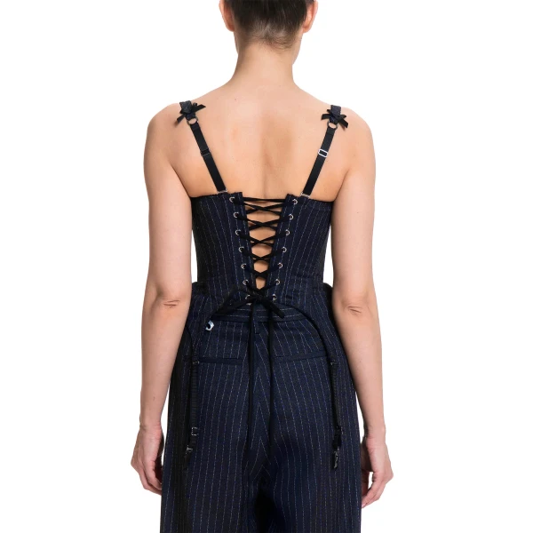 Maria Lucia Hohan Christa X Corset in Navy Pinstripe | Sleeveless | Coveti