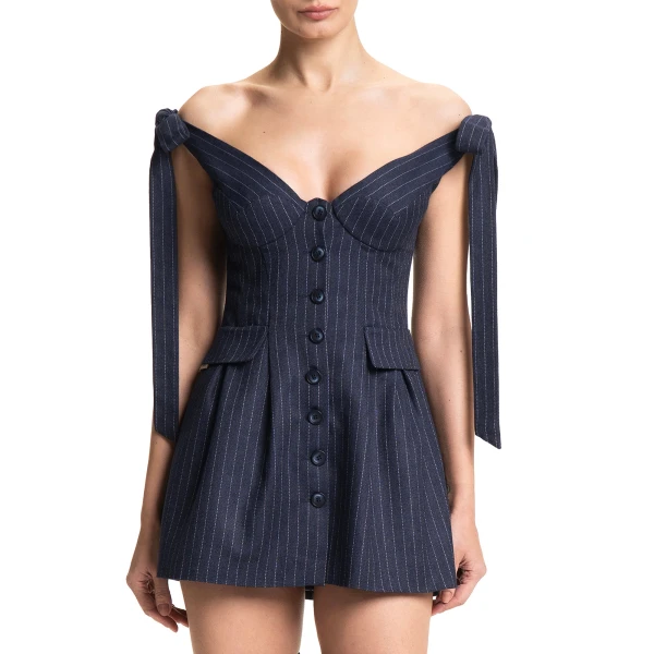 Maria Lucia Hohan Elvira Mini Dress in Navy Pinstripe | Mini Dresses | Coveti