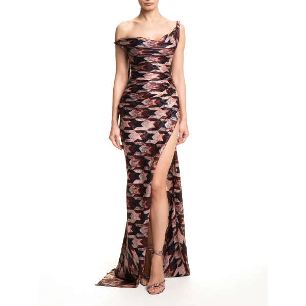 Maria Lucia Hohan Kimi Gown in Cocoa Houndstooth | Evening Gowns | Coveti