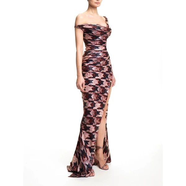 Maria Lucia Hohan Kimi Gown in Cocoa Houndstooth | Evening Gowns | Coveti