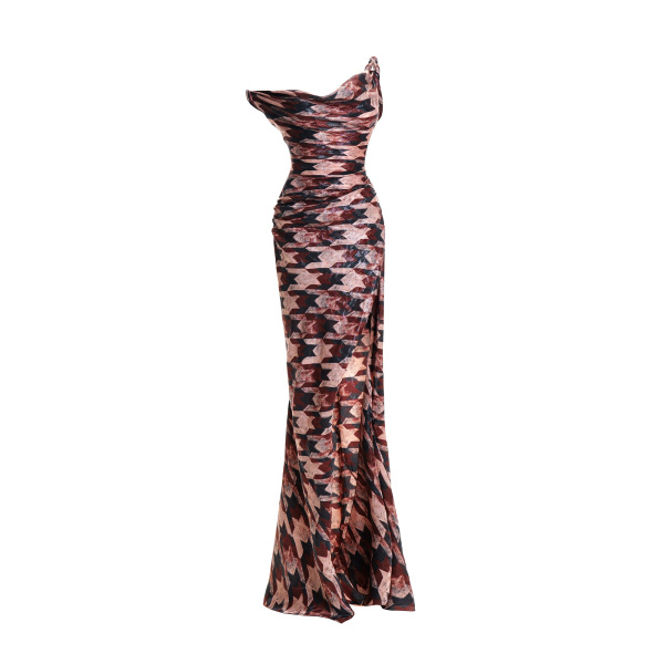 Maria Lucia Hohan Kimi Gown in Cocoa Houndstooth | Evening Gowns | Coveti