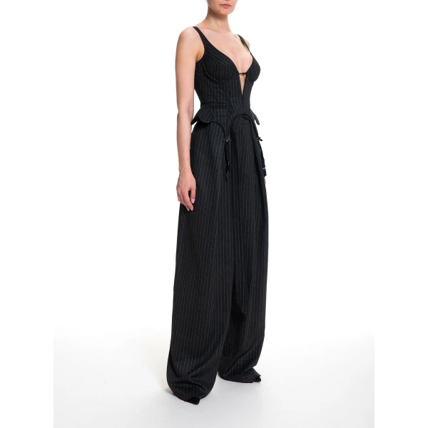 Maria Lucia Hohan Yuki Wide-Leg Pants in Grey Pinstripe | Wide leg pants | Coveti