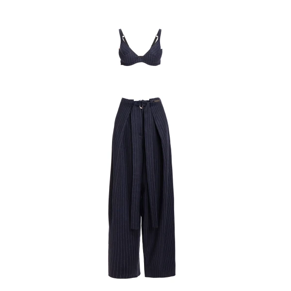 Maria Lucia Hohan Yuki Wide-Leg Pants in Navy Pinstripe | Wide leg pants | Coveti