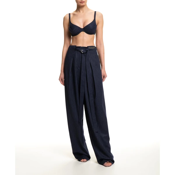 Maria Lucia Hohan Yuki Wide-Leg Pants in Navy Pinstripe | Wide leg pants | Coveti
