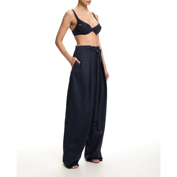 Maria Lucia Hohan Yuki Wide-Leg Pants in Navy Pinstripe | Wide leg pants | Coveti