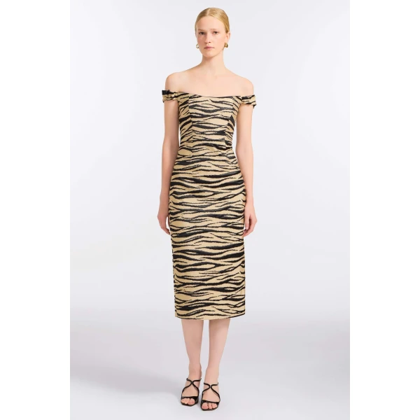 Markarian Amina Zebra-Striped Midi Dress, view 2 | Midi Dresses | Coveti