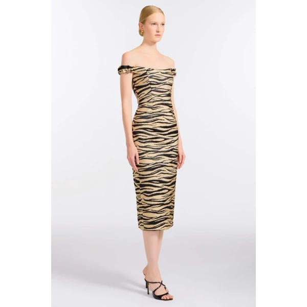 Markarian Amina Zebra-Striped Midi Dress, view 3 | Midi Dresses | Coveti