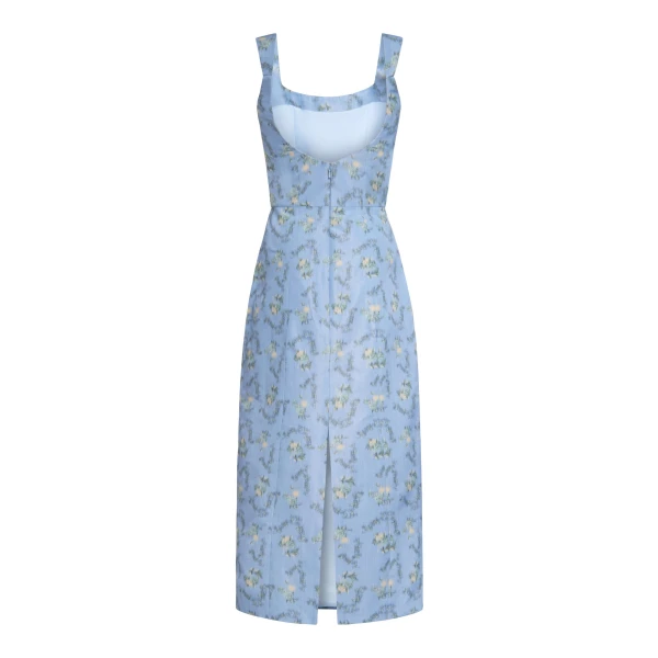 Markarian Numa Blue Floral Ikat Corset Midi Dress, view 2 | Midi Dresses | Coveti