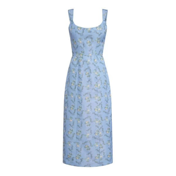 Numa Blue Floral Ikat Corset Midi Dress